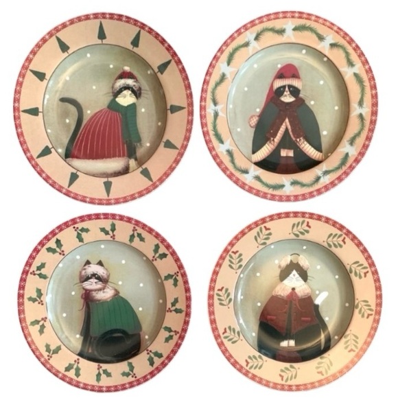 Oneida / Holiday Cats / Mix of 4 Stoneware Salad/ Dessert Plates in box - Picture 4 of 14
